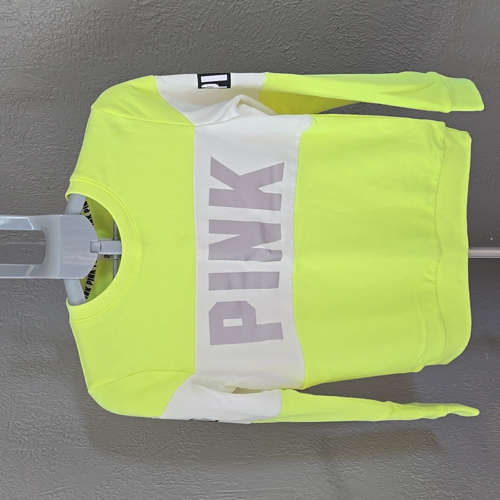 ^Victoria's Secret PINK Neon Yellow and White Crew Neck Sweater